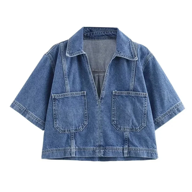 Lunessa Damen Cropped Jeansbluse mit Kurzarm