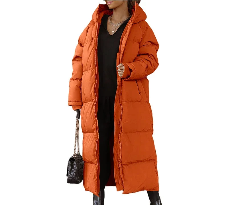 Lange Damen Steppjacke mit Kapuze und Reißverschluss – Velmira