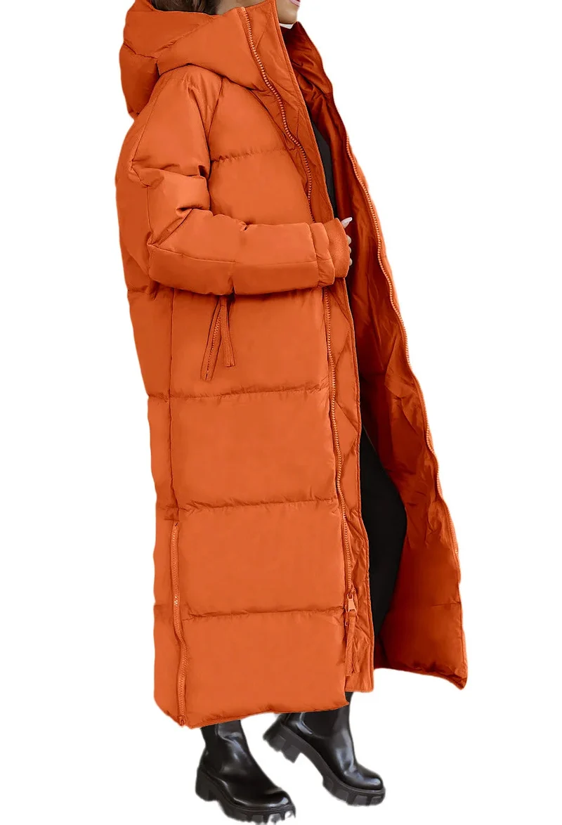 Lange Damen Steppjacke mit Kapuze und Reißverschluss – Velmira