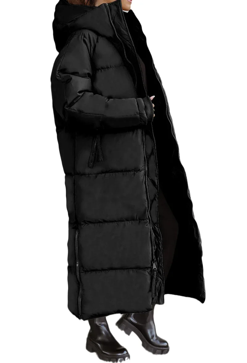 Lange Damen Steppjacke mit Kapuze und Reißverschluss – Velmira