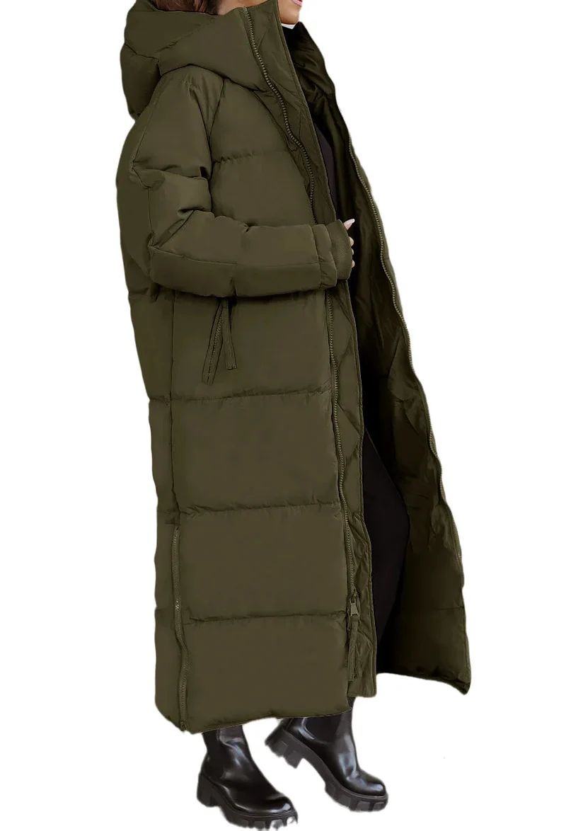 Lange Damen Steppjacke mit Kapuze und Reißverschluss – Velmira