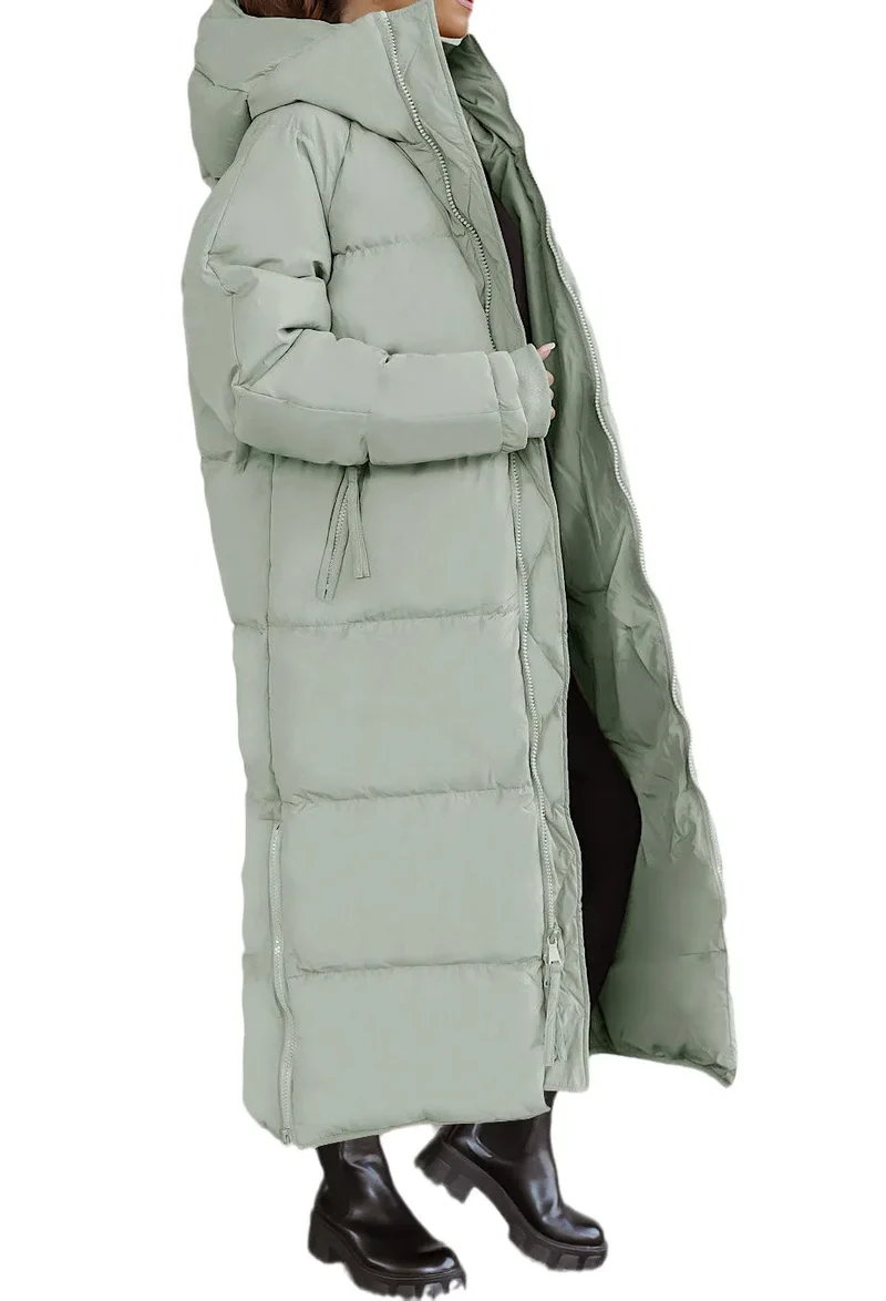 Lange Damen Steppjacke mit Kapuze und Reißverschluss – Velmira