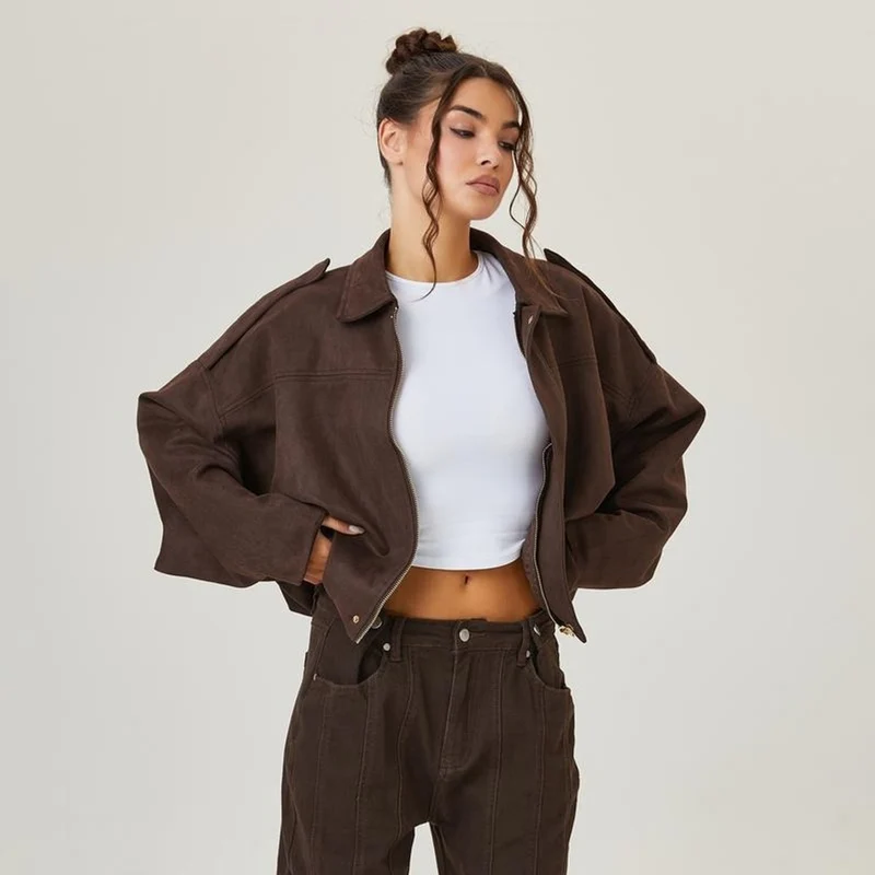 Damen Oversize Bomberjacke aus Wildlederoptik – Virella