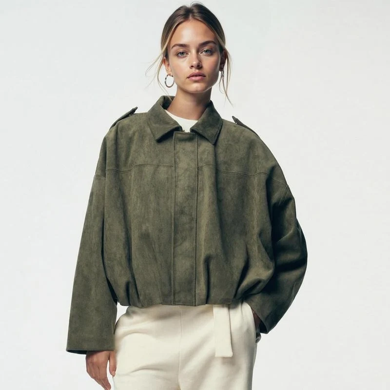 Damen Oversize Bomberjacke aus Wildlederoptik – Virella