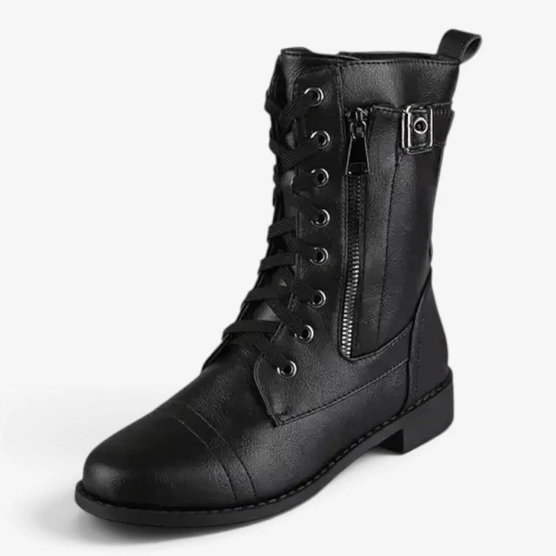Hohe Damen Stiefel mit Schnürung, Seitenreißverschluss und Schnallendetail Calvessa
