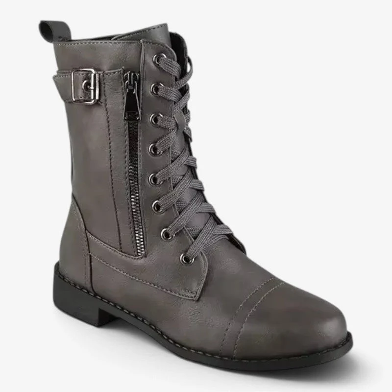 Hohe Damen Stiefel mit Schnürung, Seitenreißverschluss und Schnallendetail Calvessa