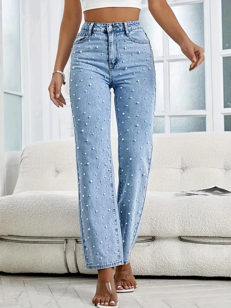 Damen Jeans mit hoher Taille, geradem Bein und Perlendetails Selviora