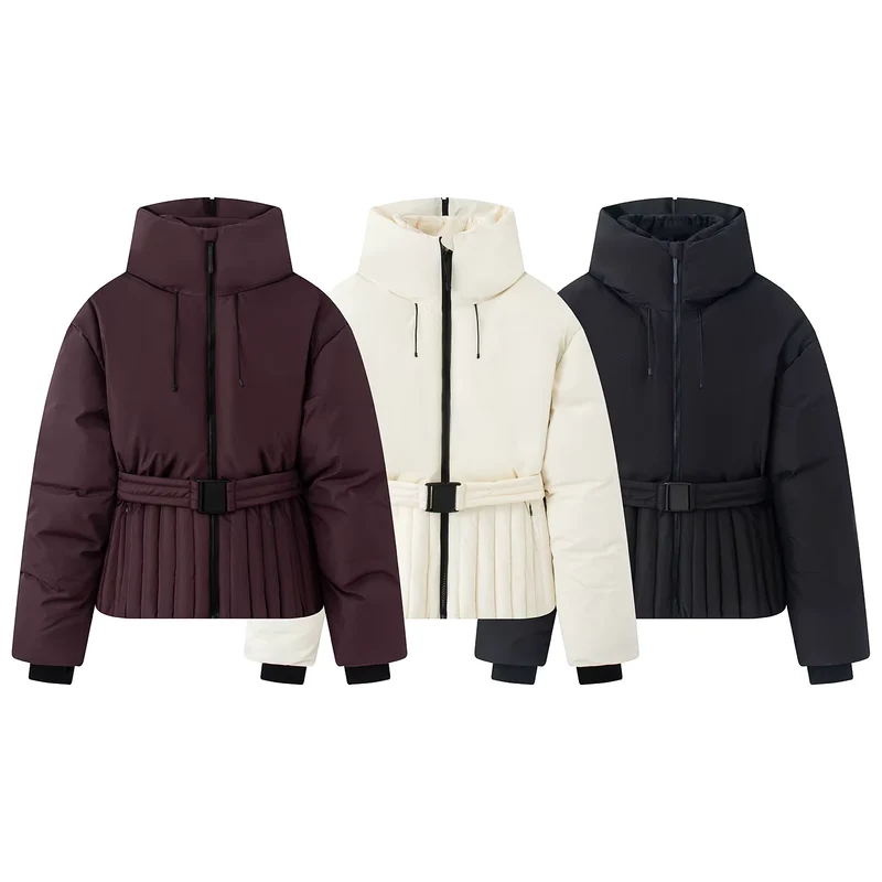 Damen Winterjacke mit Kapuze, Gürtel und wattierter Füllung – Virelta