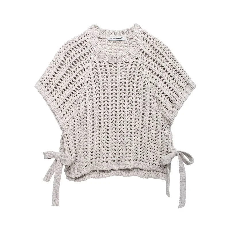 Avelisse Damen Strickpullover mit Schleife und Kurzen Ärmeln