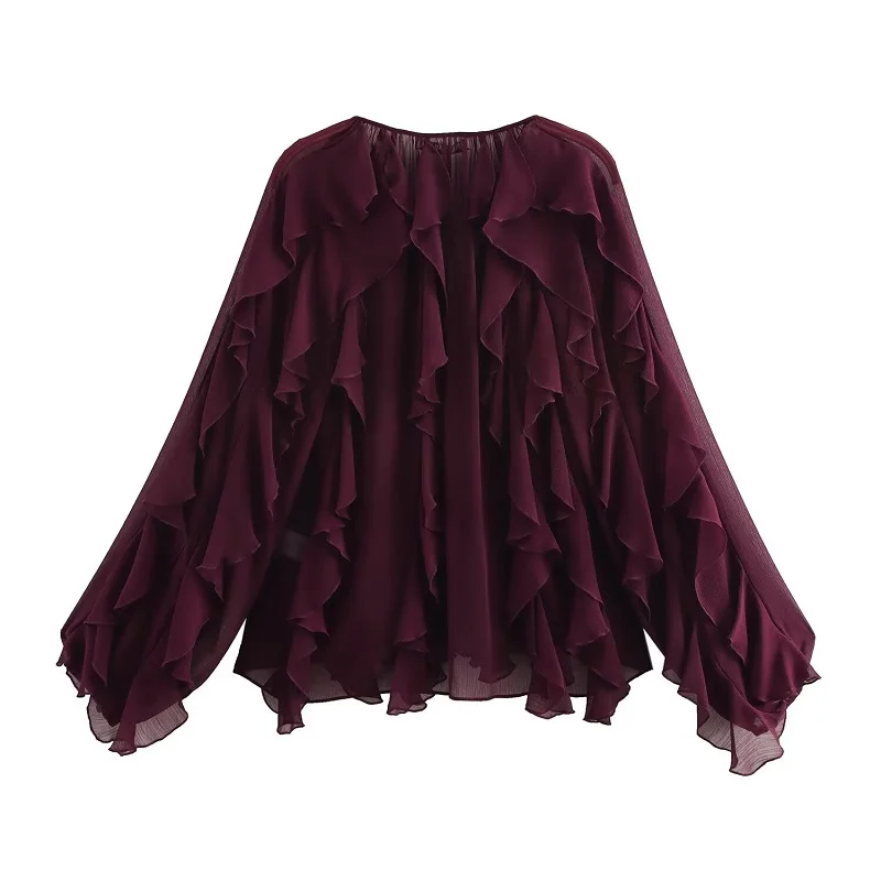 Lorevia Damen Chiffonbluse mit Volants und V-Ausschnitt