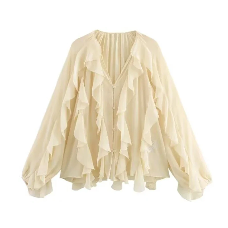 Lorevia Damen Chiffonbluse mit Volants und V-Ausschnitt