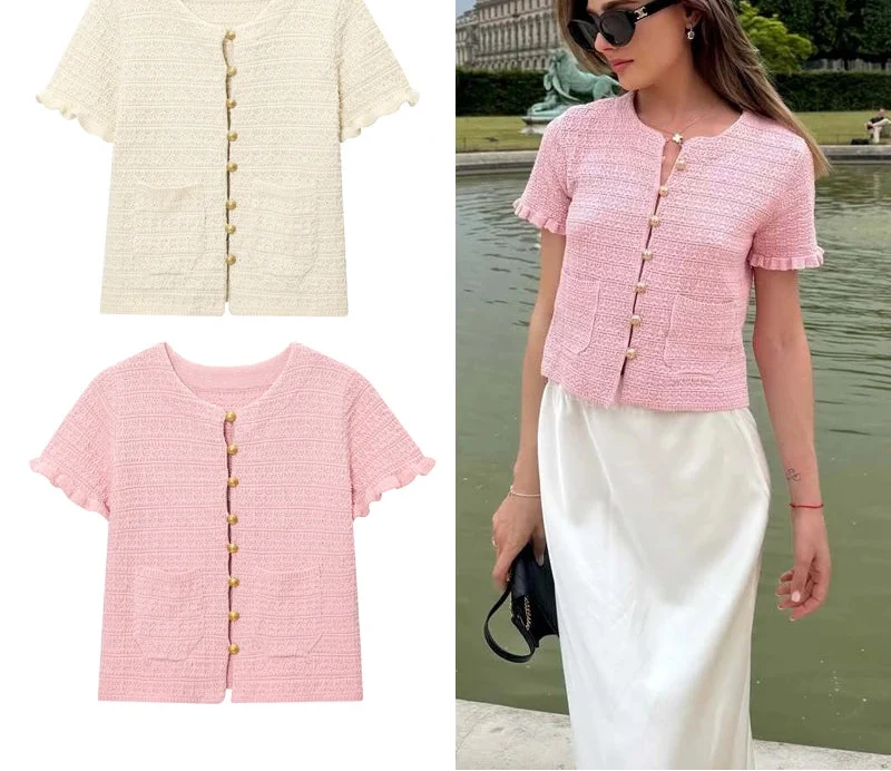 Kurzarm Strickcardigan mit Knopfleiste für Damen – LioraBelle