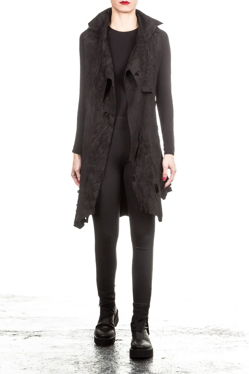 Claudio Cutuli Damen Lederweste Used Look Avantgarde schwarz