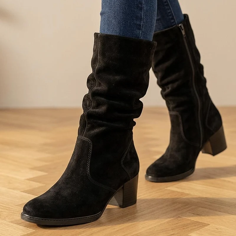Gabor Wide Fit Leather Slouched Boots - GAB44513 / 330 019 - Black Suede