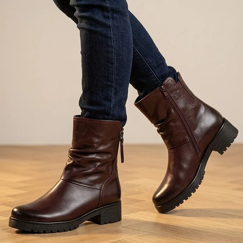 Gabor Wide Fit Leather Flat Heel Ankle Boots - GAB44508 / 330 015 - Burgundy Leather
