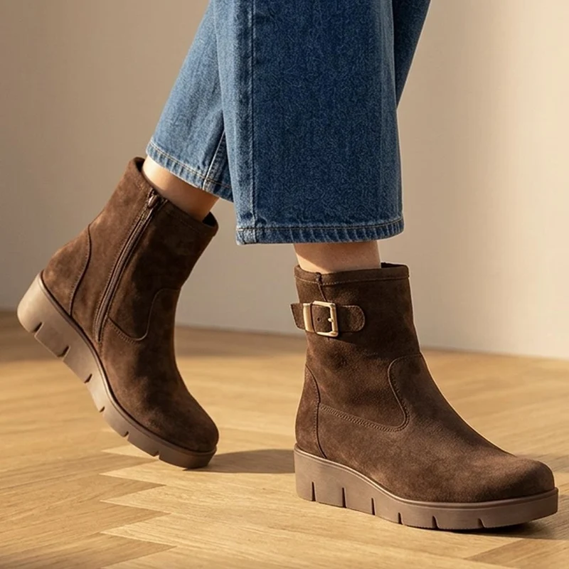 Gabor Wide Fit Leather Wedge Heel Boots - GAB44507 / 330 014 - Chocolate Suede