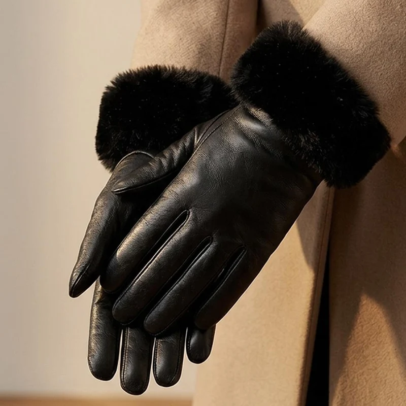 Faux Fur Cuffed Leather Gloves - VENITA / 324 771 - Black