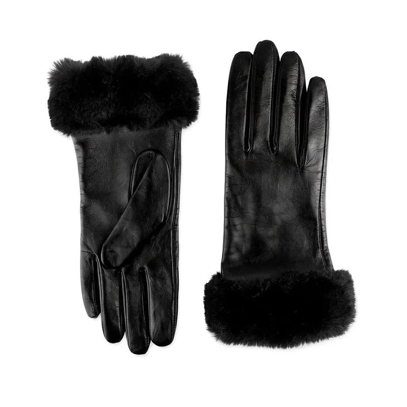 Faux Fur Cuffed Leather Gloves - VENITA / 324 771 - Black