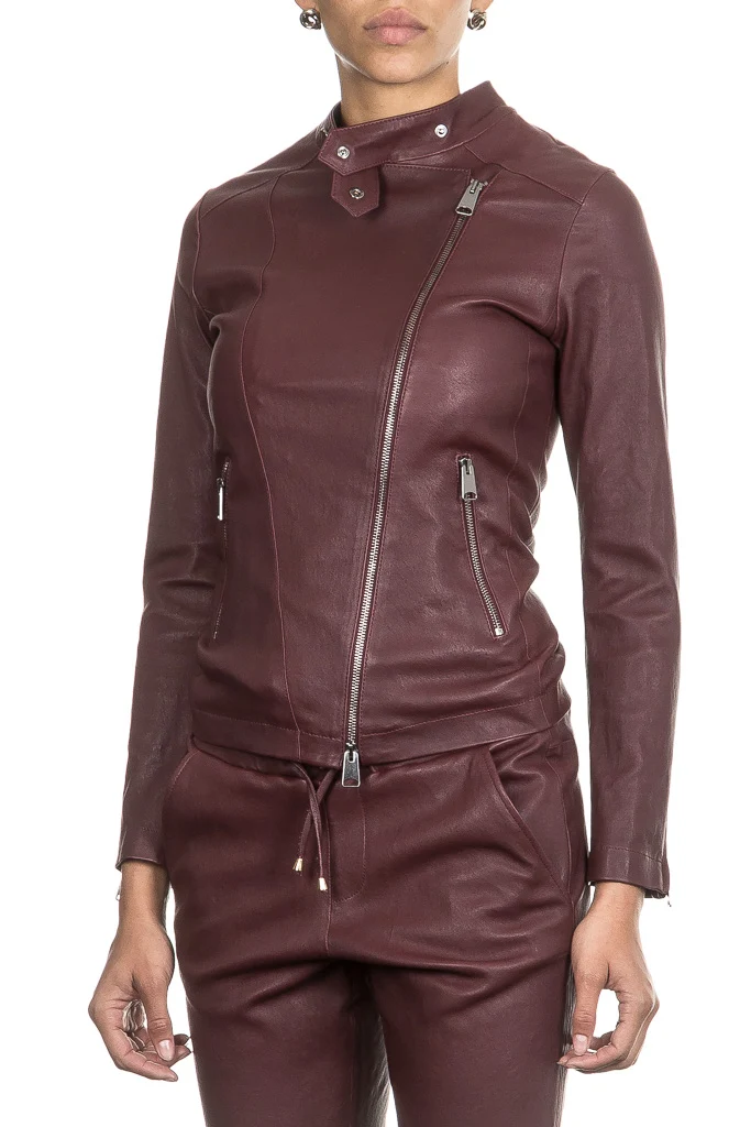 NOVE Damen Biker Lederjacke bordeaux