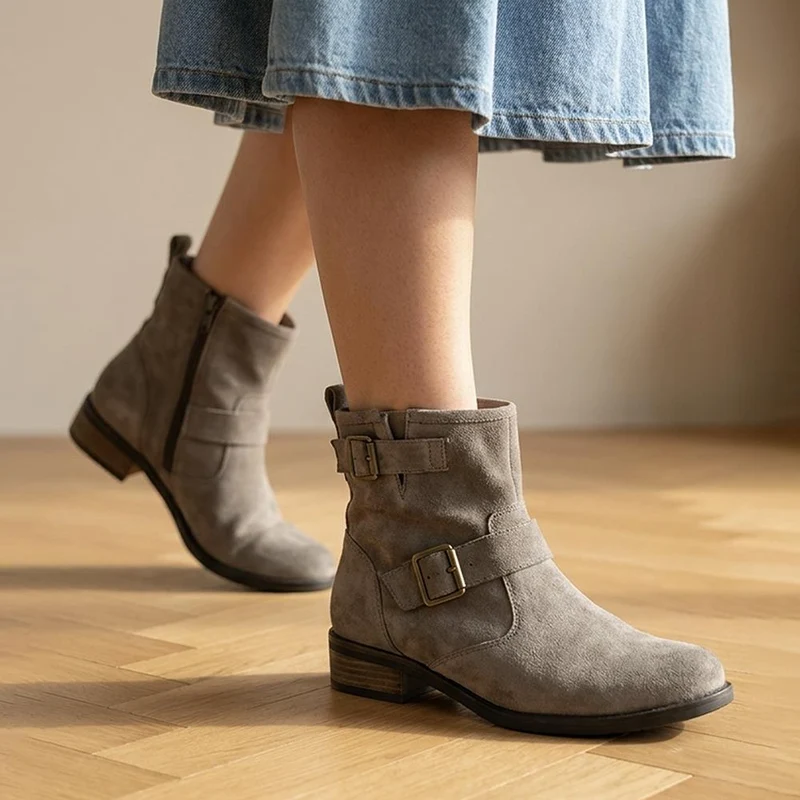 Maribel Buckle-Detailed Leather Boots - MARIBEL / 328 563 - Taupe Suede