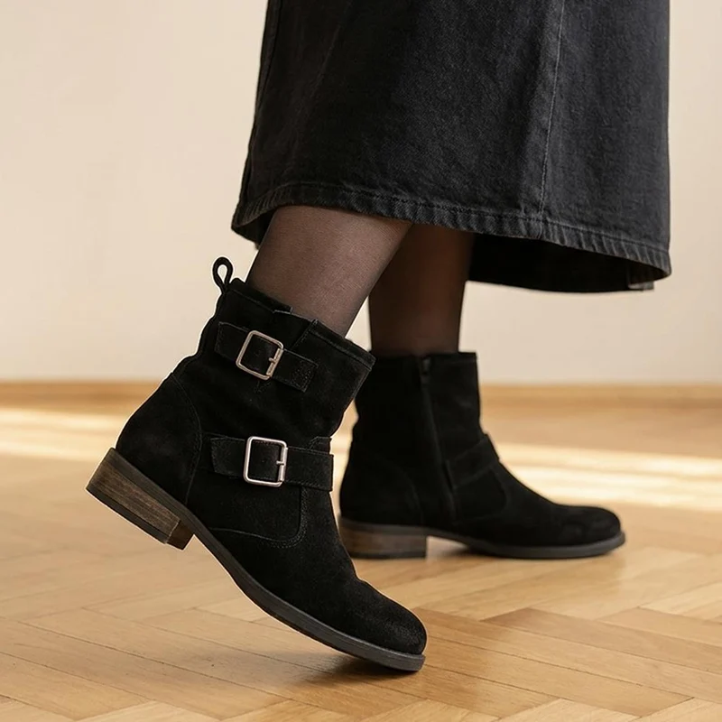 Maribel Buckle-Detailed Leather Boots - MARIBEL / 328 563 - Black Suede