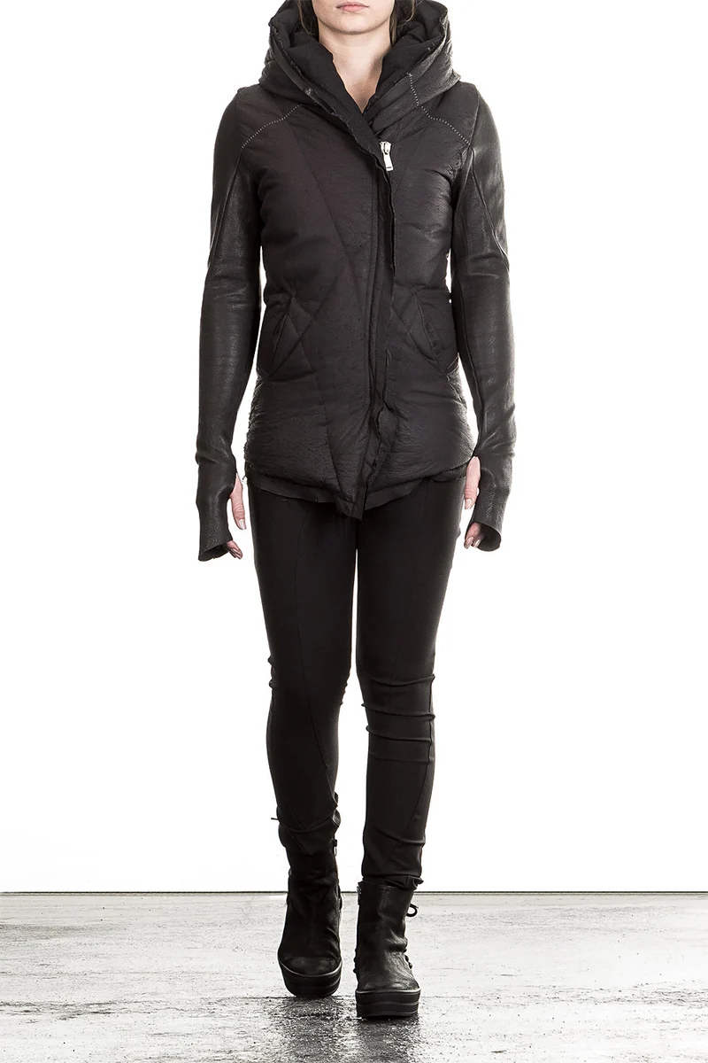 10sei0otto Damen Leder Daunenjacke mit Kapuze schwarz
