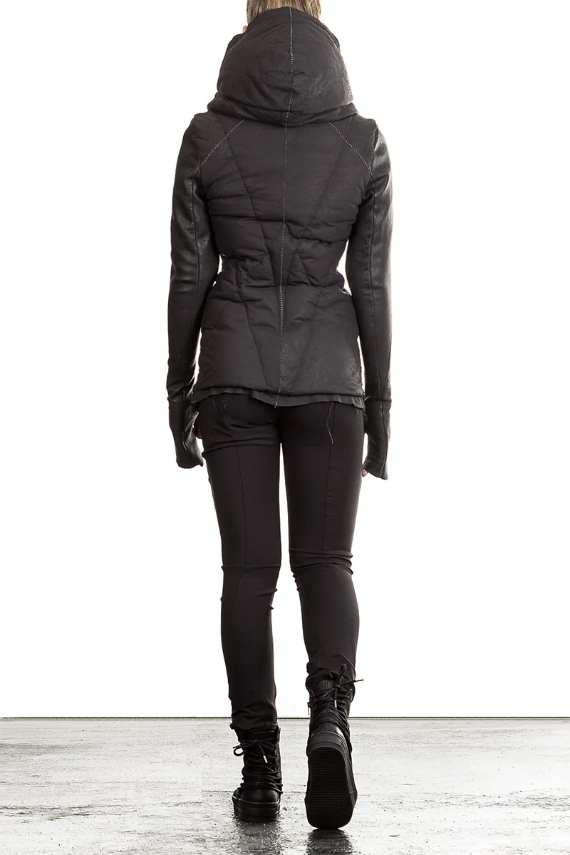 10sei0otto Damen Leder Daunenjacke mit Kapuze schwarz