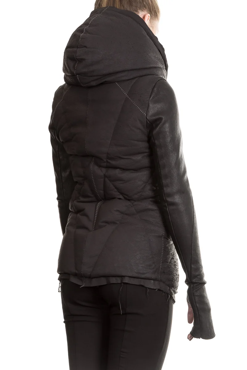 10sei0otto Damen Leder Daunenjacke mit Kapuze schwarz