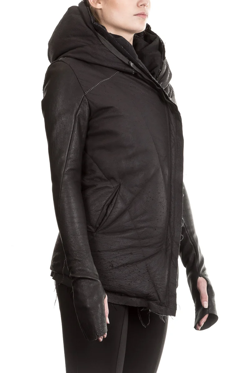 10sei0otto Damen Leder Daunenjacke mit Kapuze schwarz