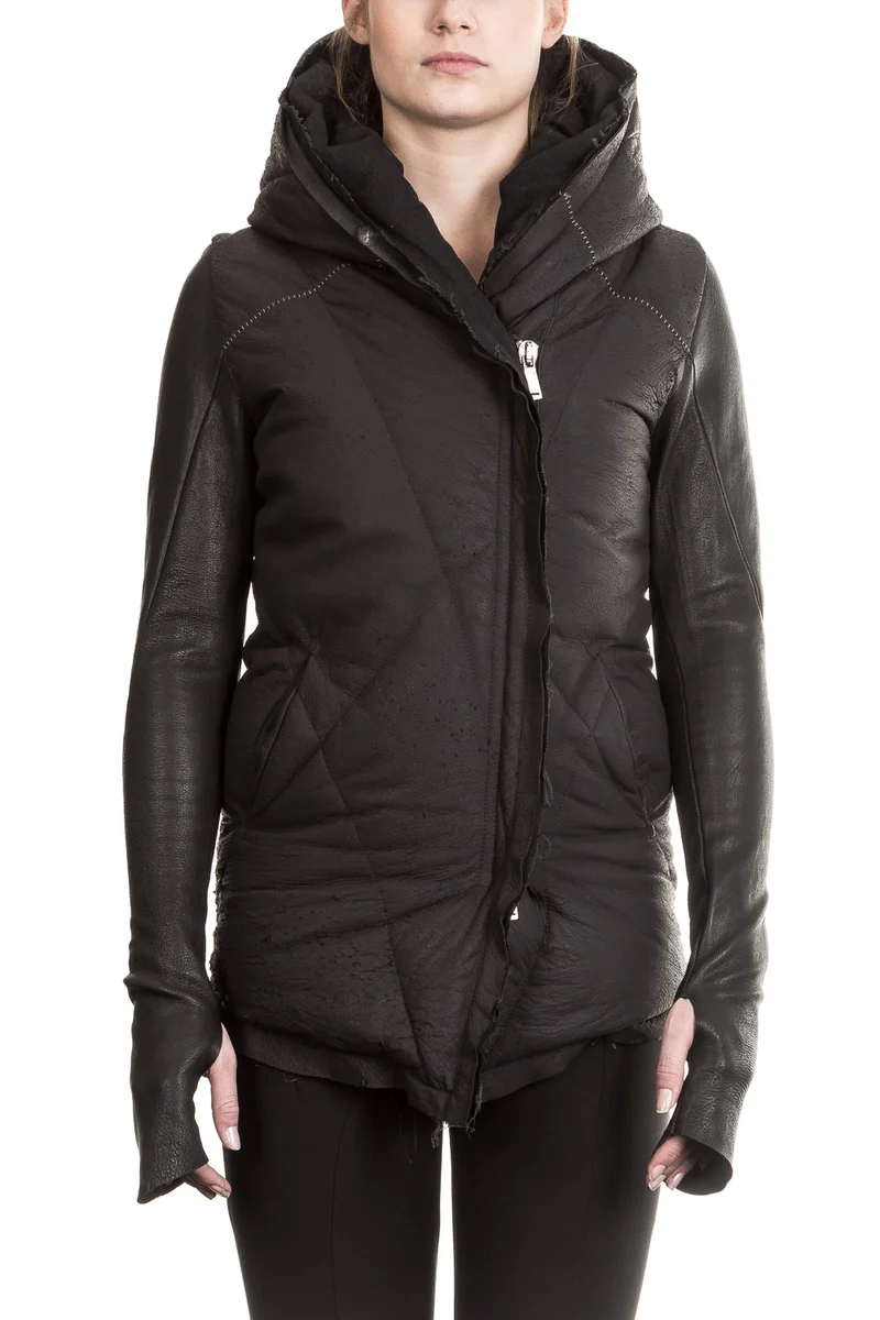 10sei0otto Damen Leder Daunenjacke mit Kapuze schwarz