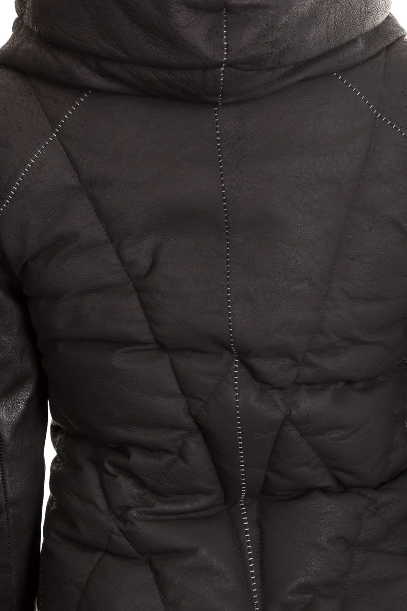 10sei0otto Damen Leder Daunenjacke mit Kapuze schwarz
