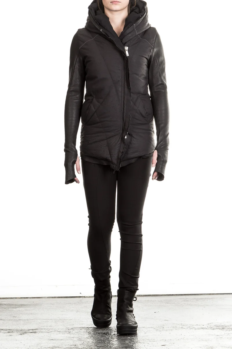 10sei0otto Damen Leder Daunenjacke mit Kapuze schwarz
