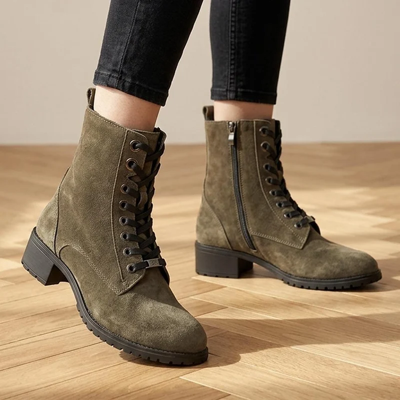 Maura Leather Block Heel Boots - MAURA / 328 026 - Olive Suede