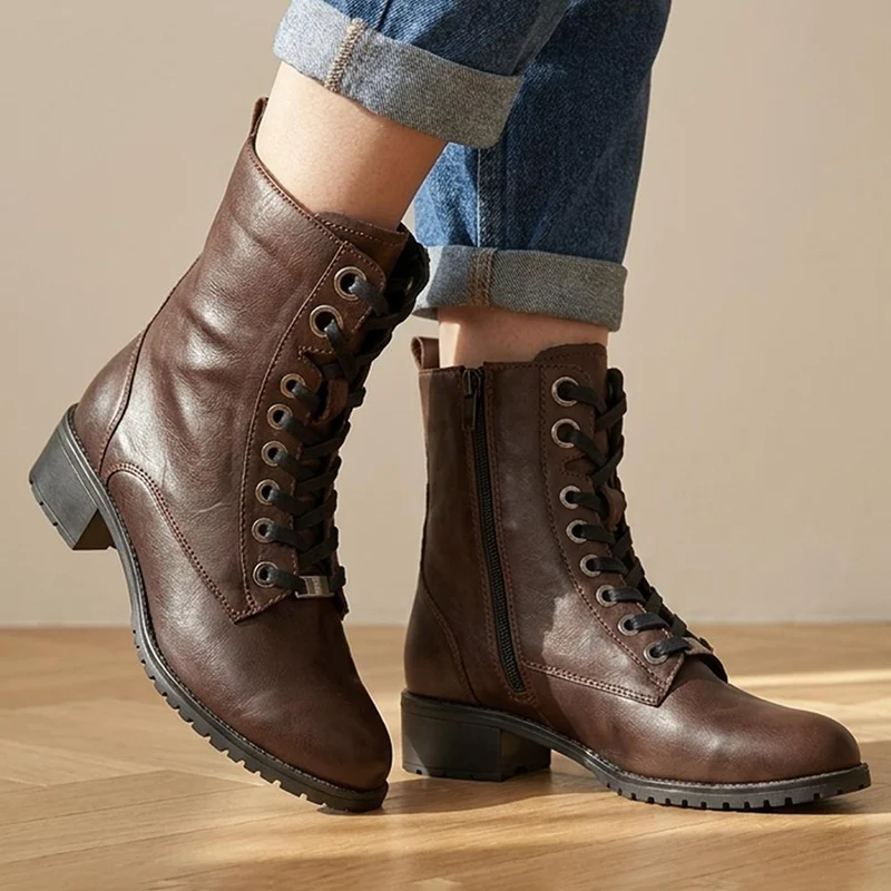 Maura Leather Block Heel Boots - MAURA / 328 026 - Chocolate