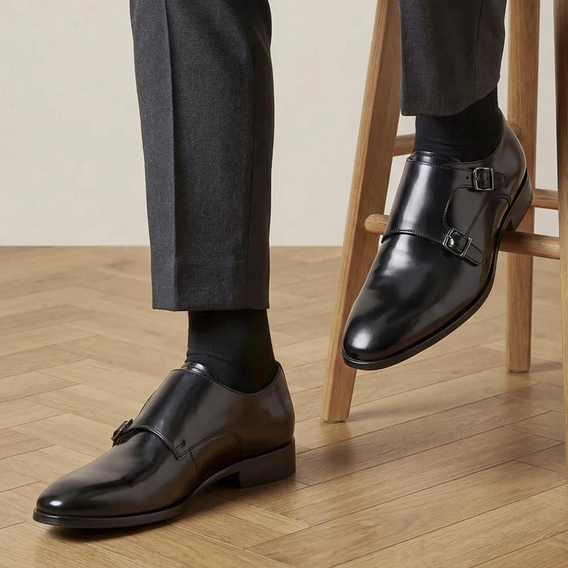 Naveen Smart Leather Monk Strap Shoes - NAVEEN / 328 714 - Black