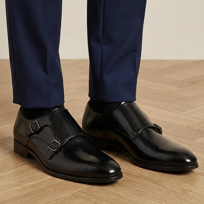 Naveen Smart Leather Monk Strap Shoes - NAVEEN / 328 714 - Black