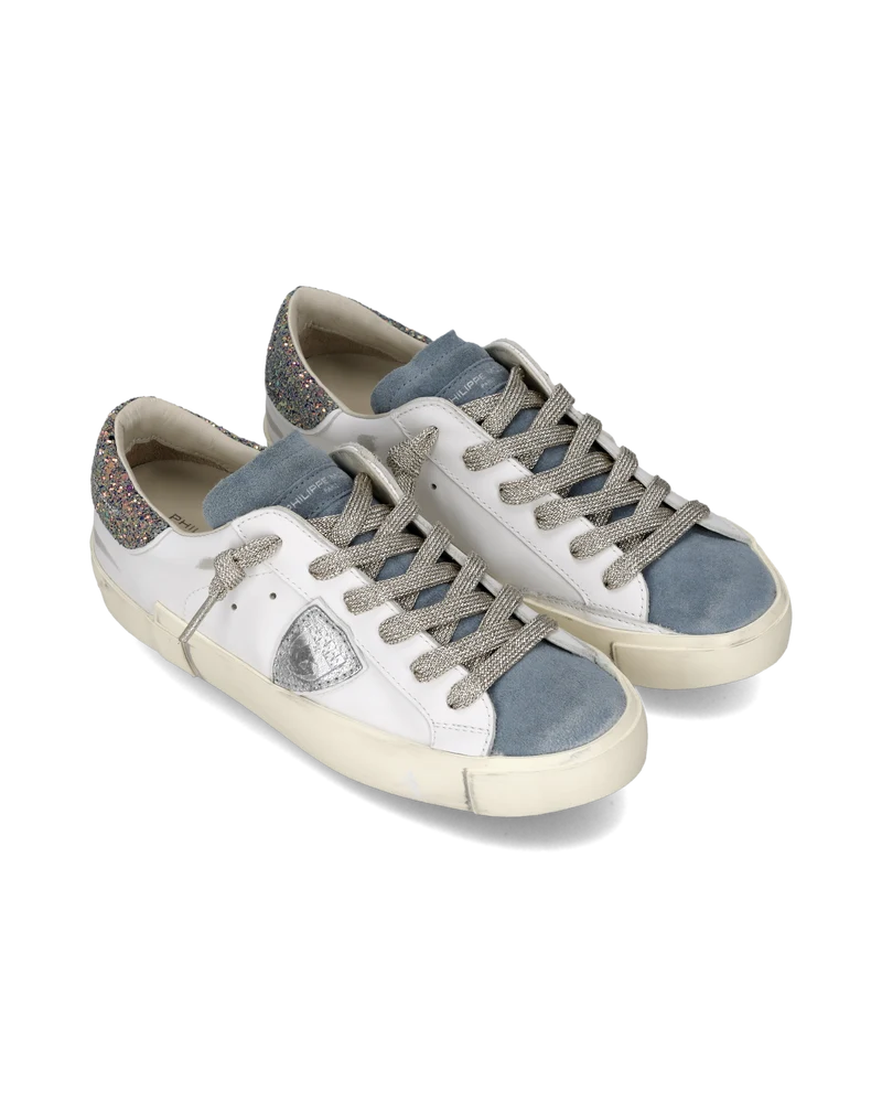 Sneakers Prsx Women with Glitter heel tab, White Blue