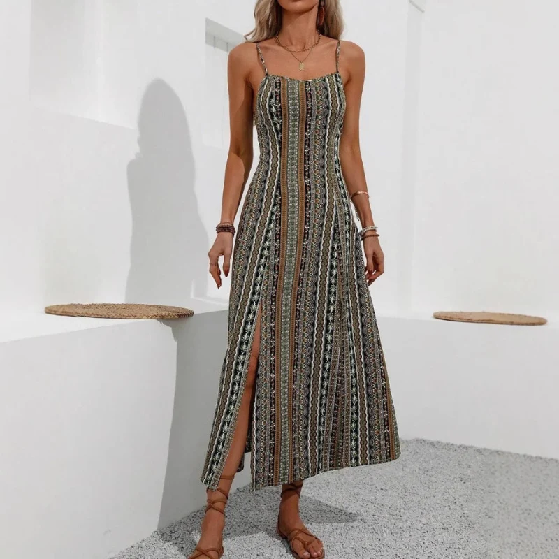 Yarelia Damen Streifen Midikleid mit Schlitz