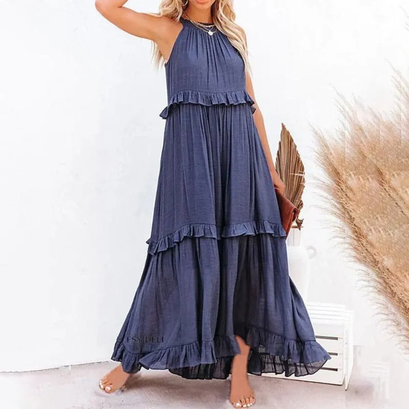 Calindra Ärmelloses Maxikleid mit Smock-Oberteil und Volantrock
