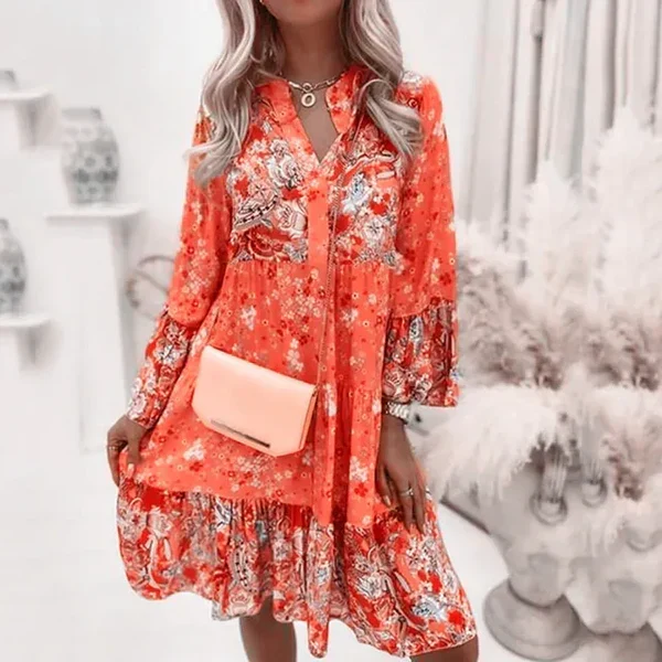 Florique Langärmelige Damenkleid mit durchgehendem Blumenprint