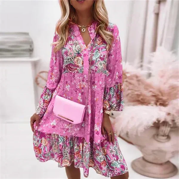 Florique Langärmelige Damenkleid mit durchgehendem Blumenprint