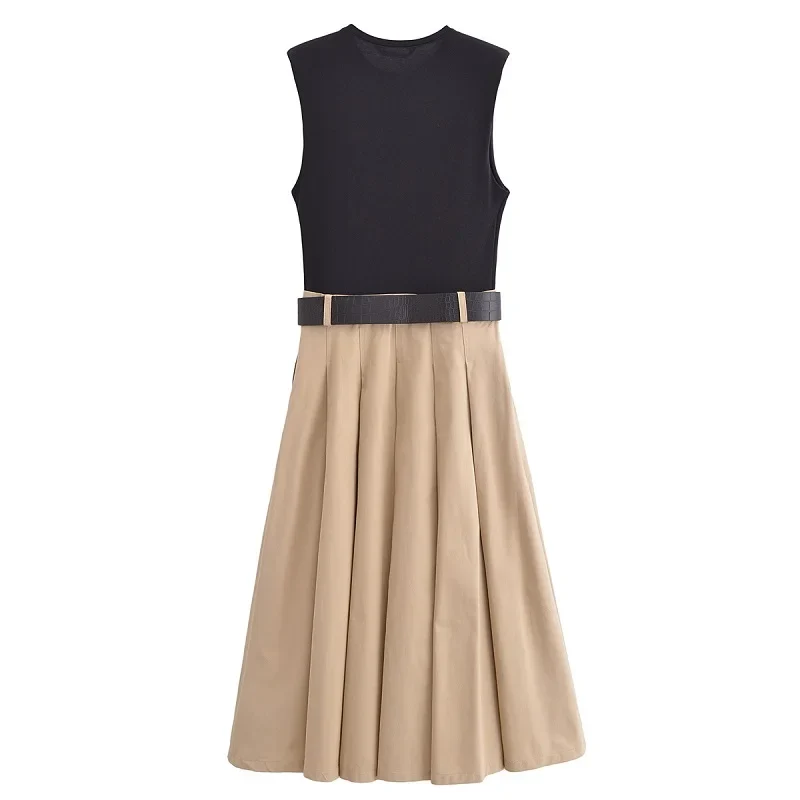 Valerina Damen Midi Kleid Ärmellos Plissiert