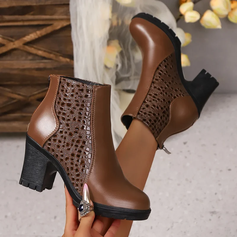 Rovena Damen Mid-Calf Boots mit Reißverschluss und Blockabsatz