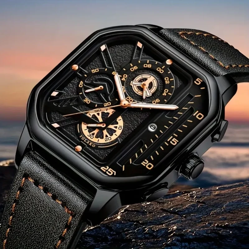Quarz-Armbanduhr mit quadratischem Gehäuse und Lederarmband