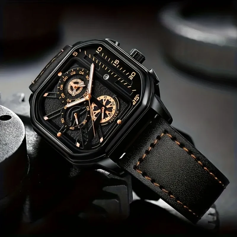 Quarz-Armbanduhr mit quadratischem Gehäuse und Lederarmband