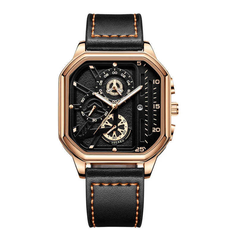 Quarz-Armbanduhr mit quadratischem Gehäuse und Lederarmband