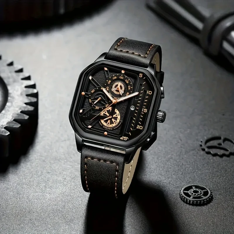 Quarz-Armbanduhr mit quadratischem Gehäuse und Lederarmband
