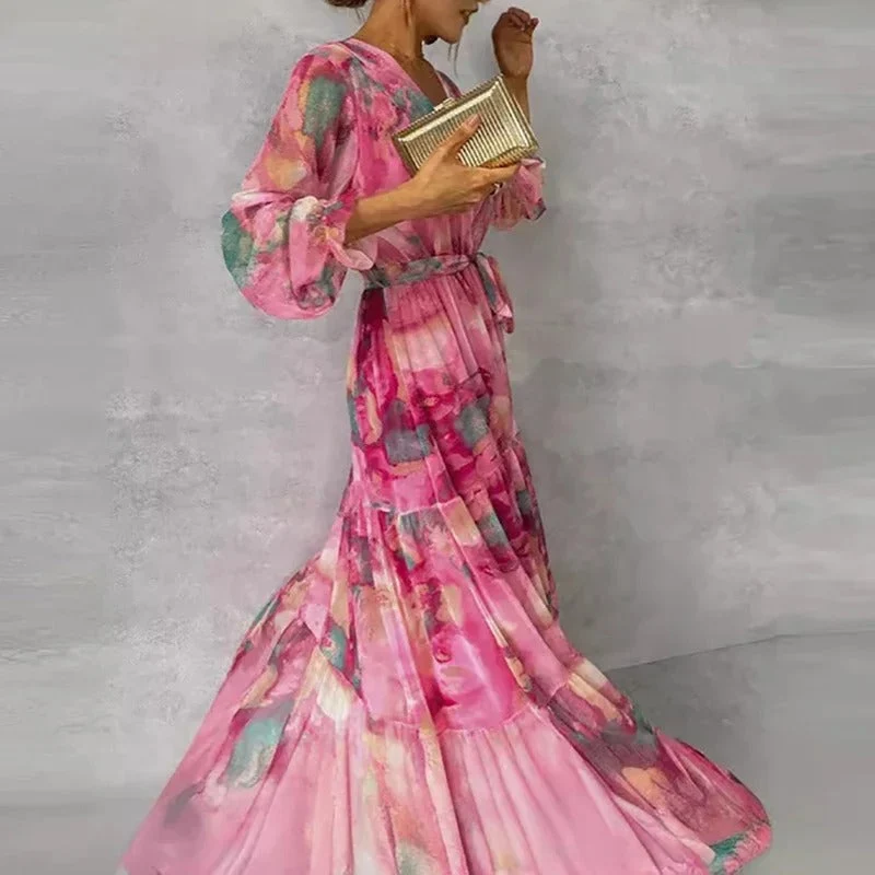 Aquarelia Maxikleid mit Farbverlauf und V-Ausschnitt – langärmeliges Kleid mit fließender Passform