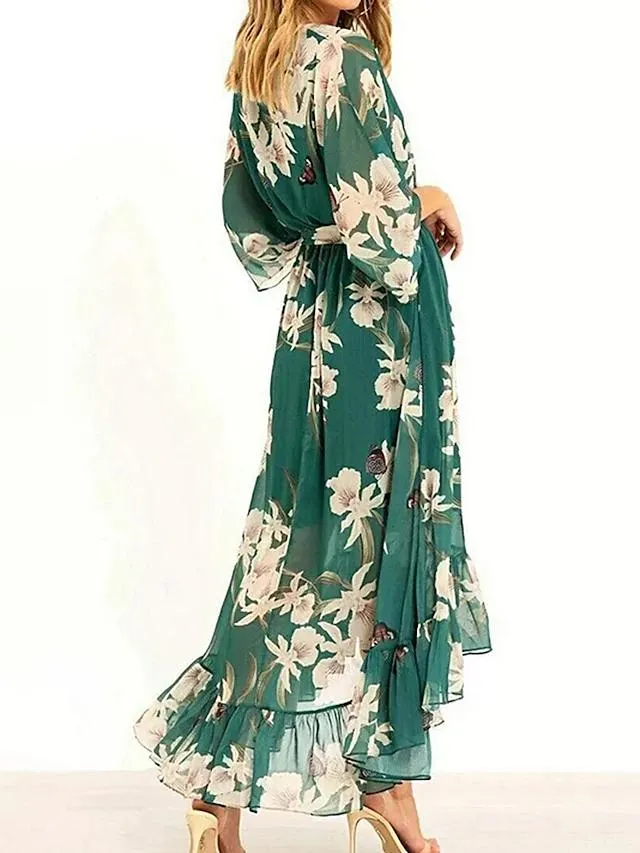 Velmira Maxikleid mit Blumenmuster und V-Ausschnitt – langärmeliges Kleid in A-Linien-Form