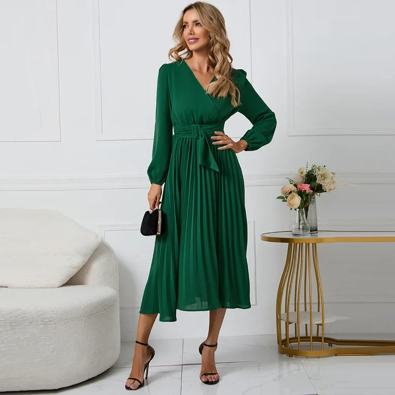 Selmoria Midi Kleid mit V-Ausschnitt und Bindegürtel
